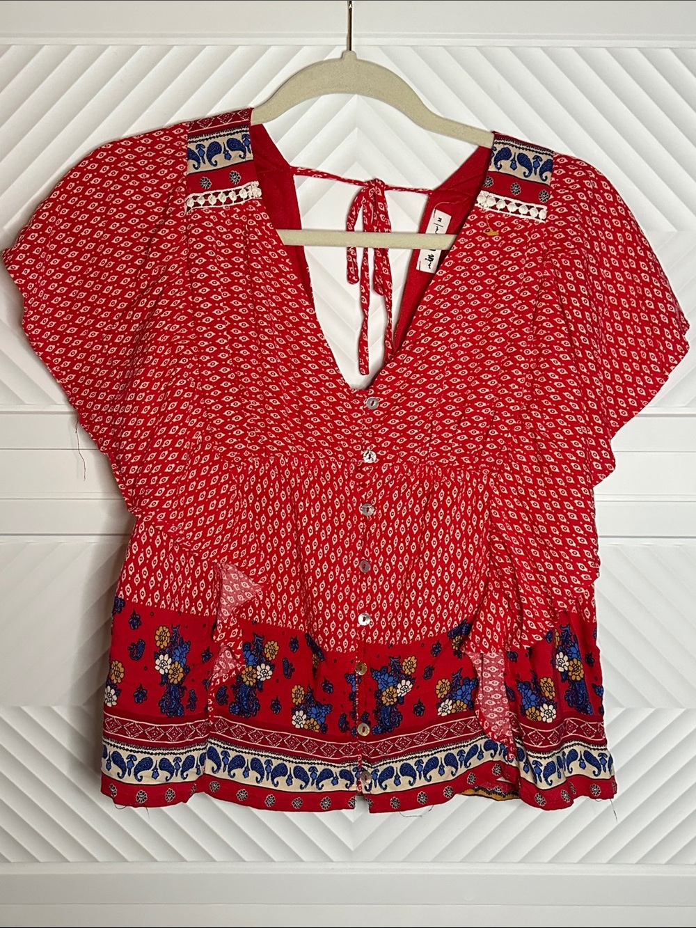 Boho Red Floral Border Peasant Top with Tie Neck